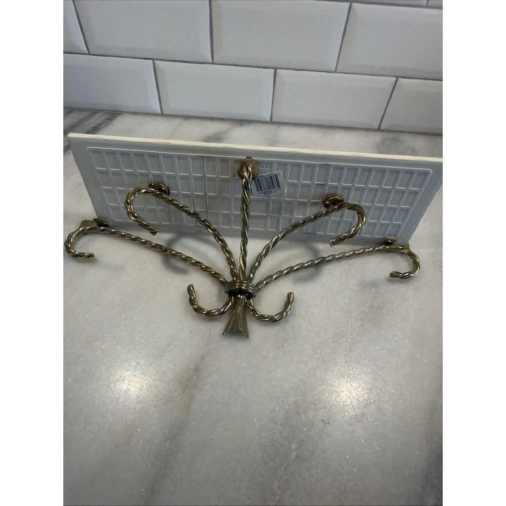 Vintage Metal Gold Brass Rope Shelf Rack with tile shelf